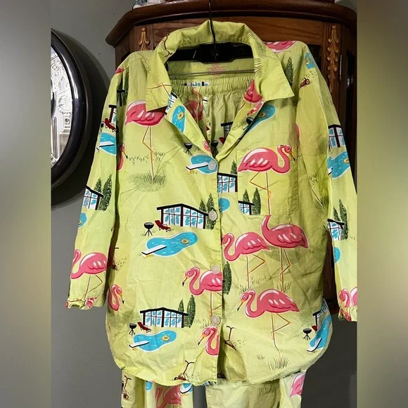 Vintage Nick & Nora Retro Outdoor Swimming Pool Flamingo Grass Mower Pajamas - Picture 2 of 9